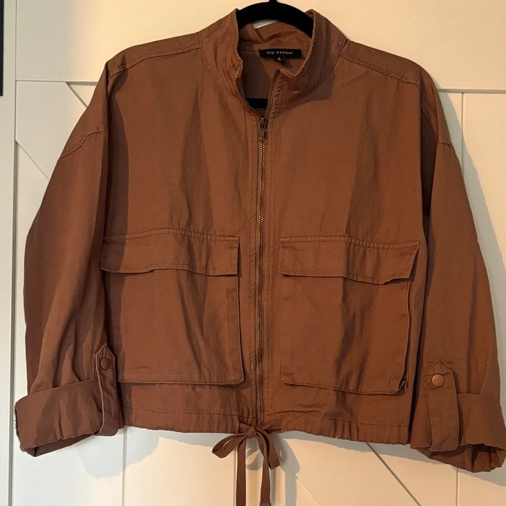 Blu Pepper Oversized Utility Zip-Up Jacket Dark Tan Size S - Picture 3 of 11